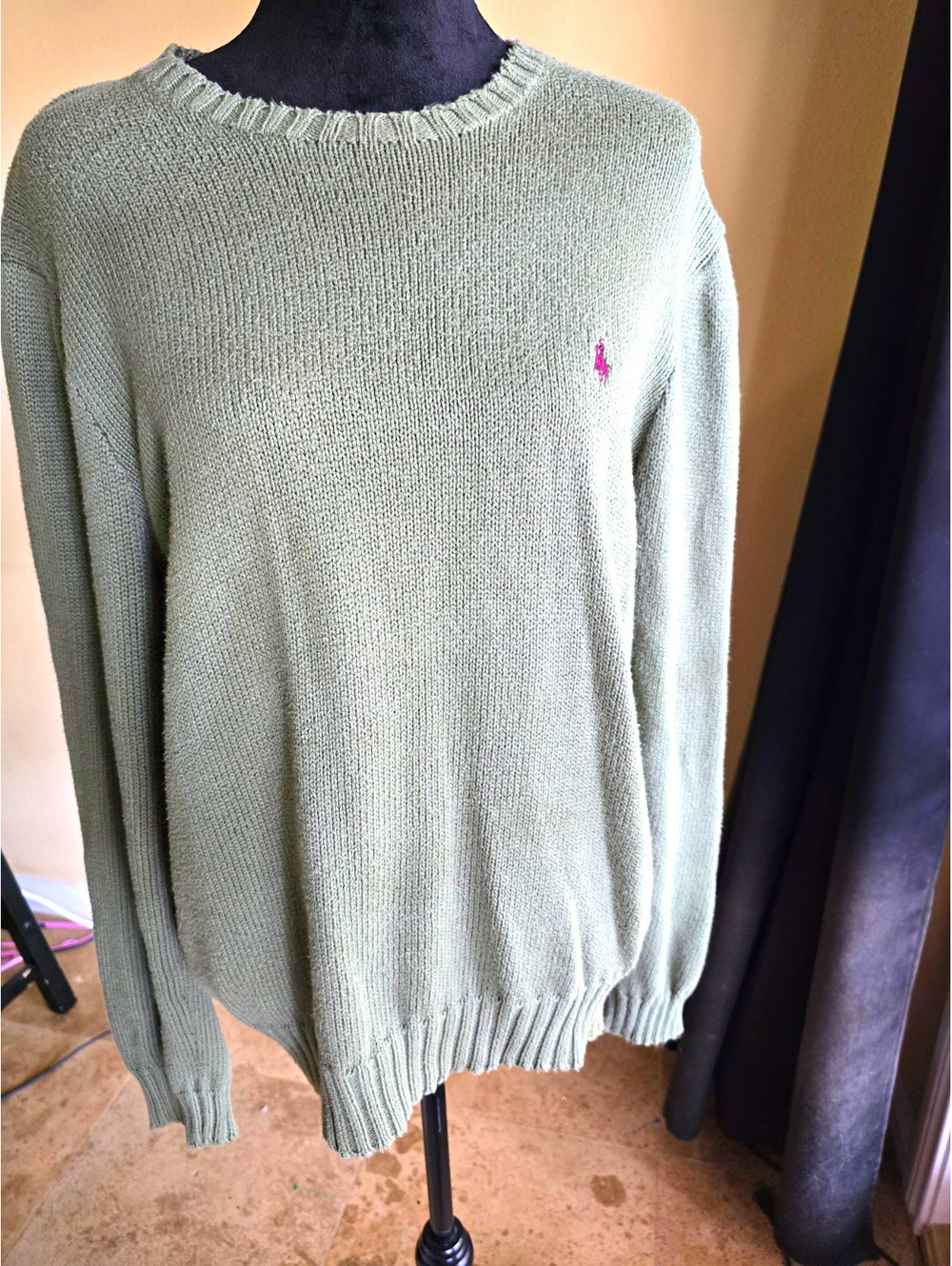 VINTAGE Polo Ralph Lauren Green Knit Cotton Crewneck Pullover Logo Sweater SZ M
